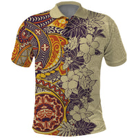 Polynesia Polo Shirt Hibiscus and Hawaiian Tribal Tattoo Retro Style Tan Color LT9 Tan - Polynesian Pride