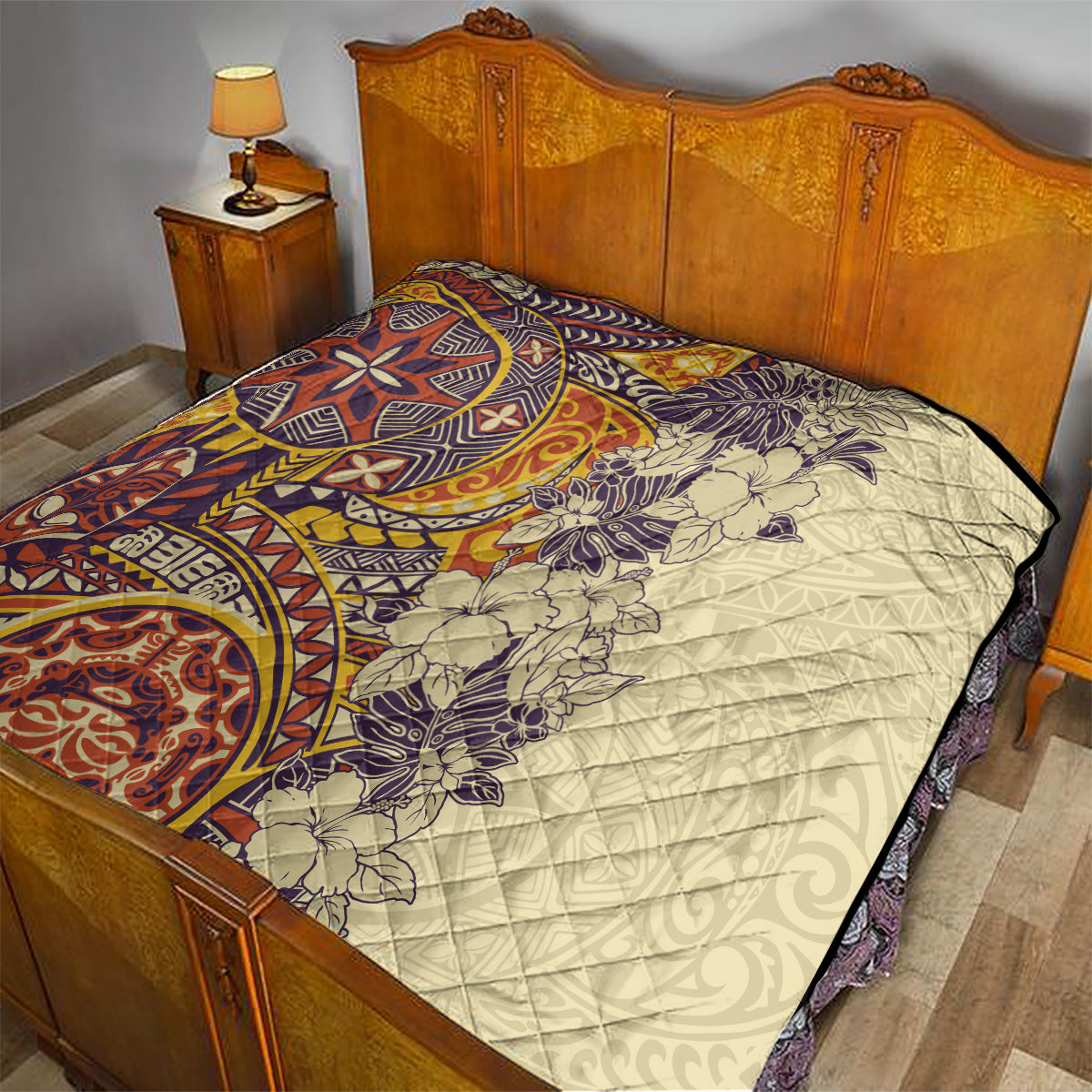 Polynesia Quilt Hibiscus and Hawaiian Tribal Tattoo Retro Style Tan Color LT9 - Polynesian Pride