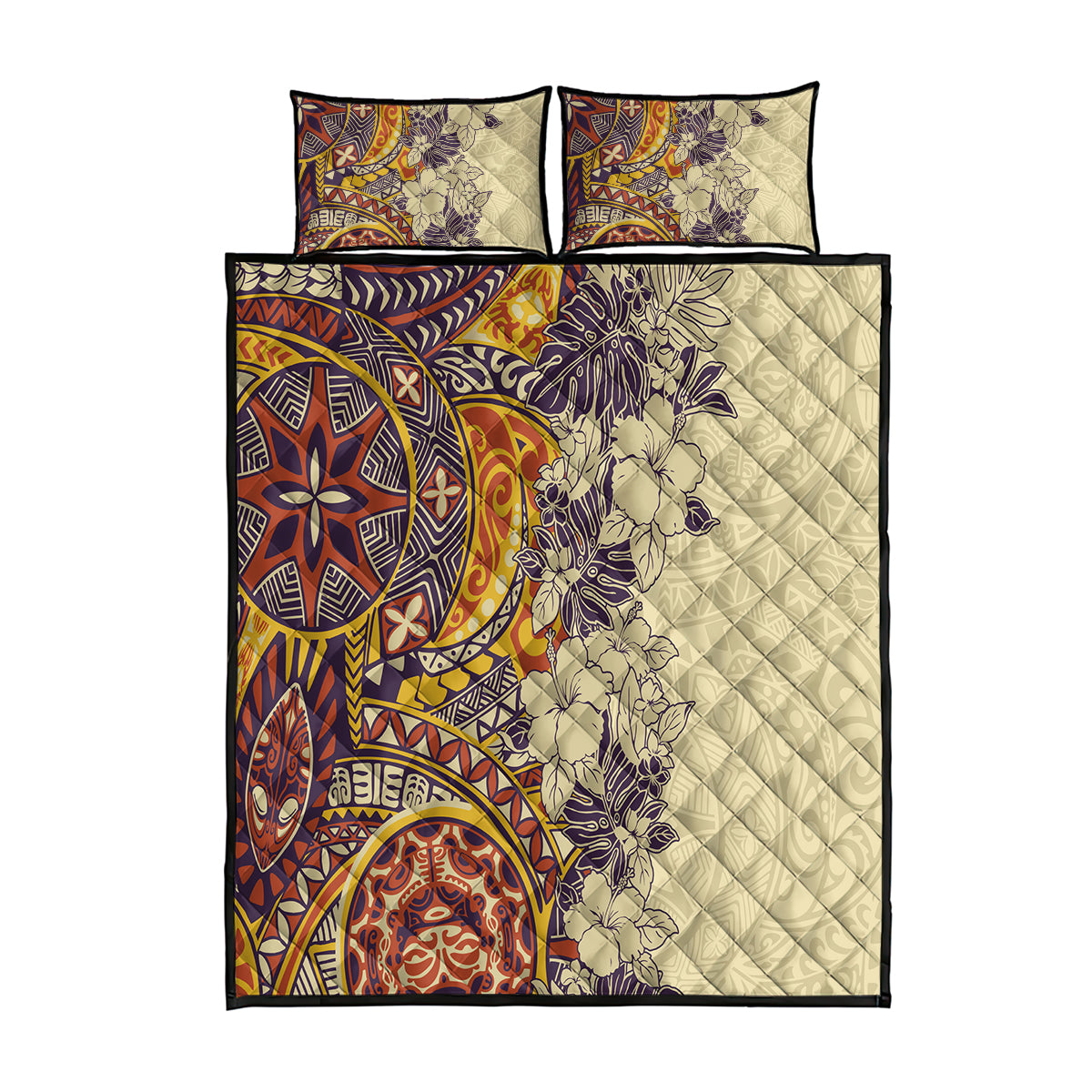 Polynesia Quilt Bed Set Hibiscus and Hawaiian Tribal Tattoo Retro Style Tan Color LT9 Tan - Polynesian Pride