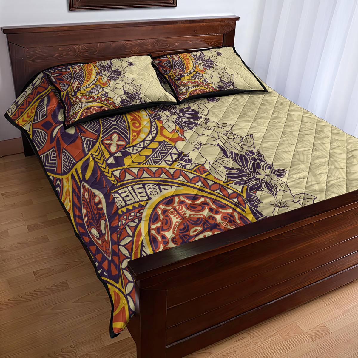 Polynesia Quilt Bed Set Hibiscus and Hawaiian Tribal Tattoo Retro Style Tan Color LT9 - Polynesian Pride
