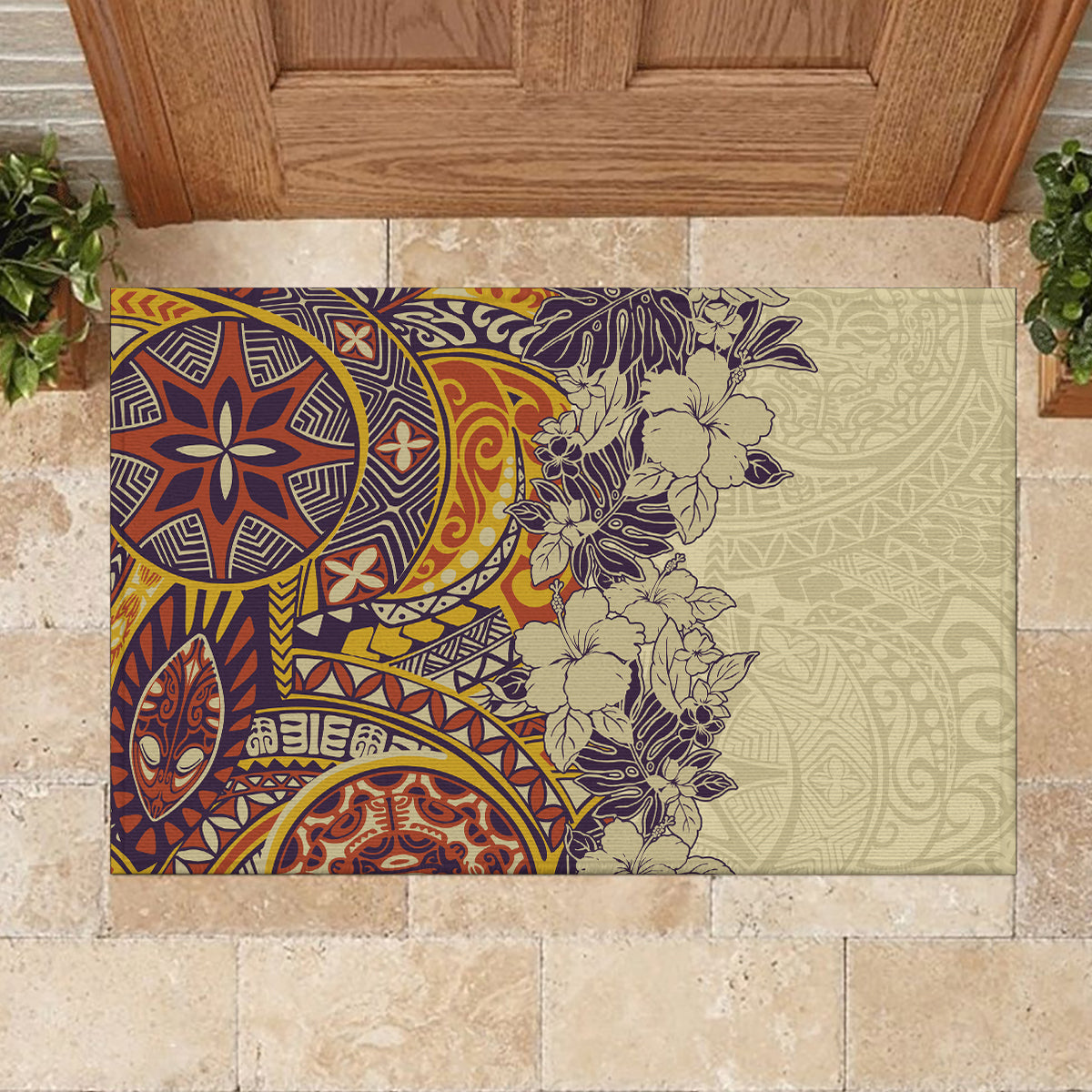 Polynesia Rubber Doormat Hibiscus and Hawaiian Tribal Tattoo Retro Style Tan Color LT9 - Polynesian Pride