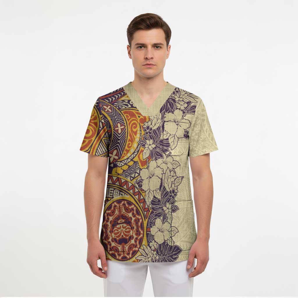 Polynesia Scrub Top Hibiscus Hawaiian Tribal Tattoo Retro Tan - Polynesian Pride