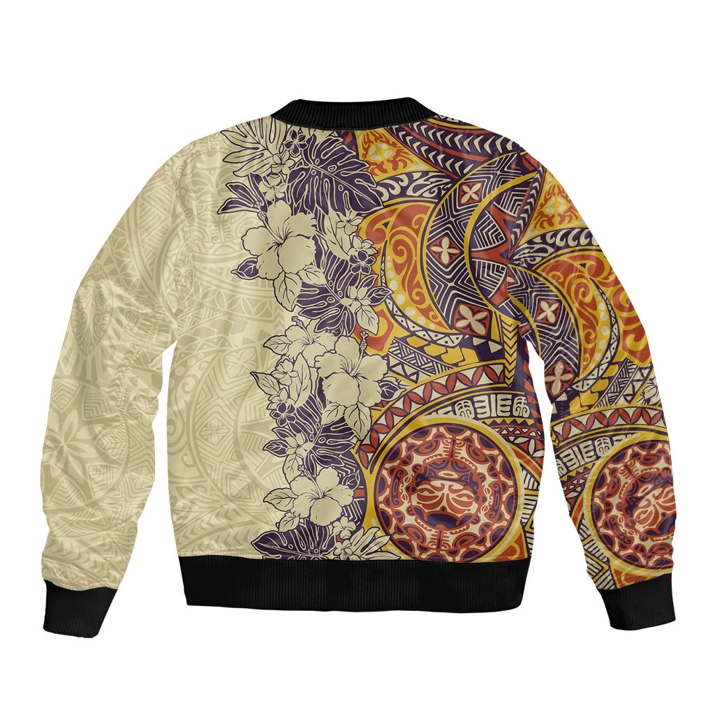 Polynesia Sleeve Zip Bomber Jacket Hibiscus and Hawaiian Tribal Tattoo Retro Style Tan Color LT9 - Polynesian Pride