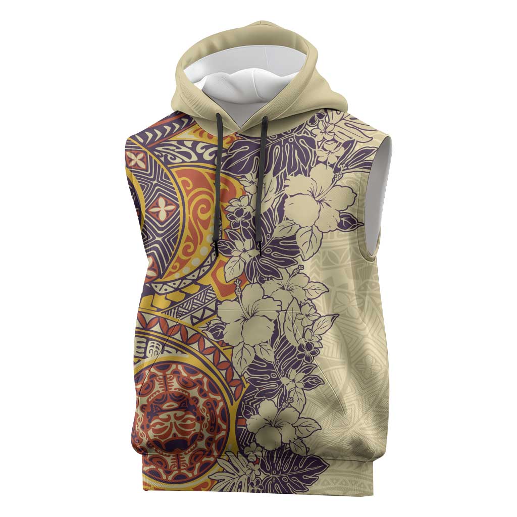 Polynesia Sleeveless Hoodie Hibiscus Hawaiian Tribal Tattoo Retro Tan LT9 Tan - Polynesian Pride