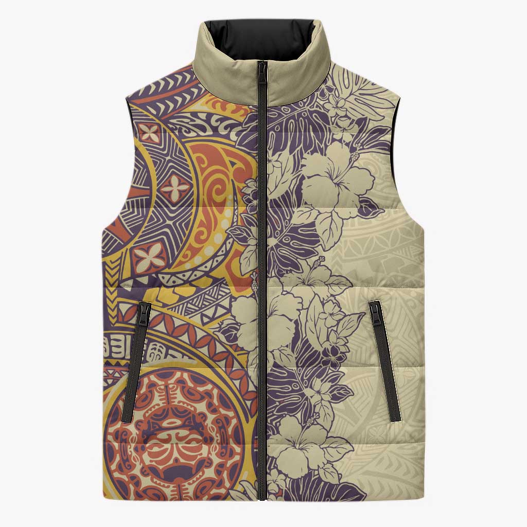 Polynesia Sleeveless Puffer Jacket Hibiscus Hawaiian Tribal Tattoo Retro Tan LT9 Unisex Tan - Polynesian Pride