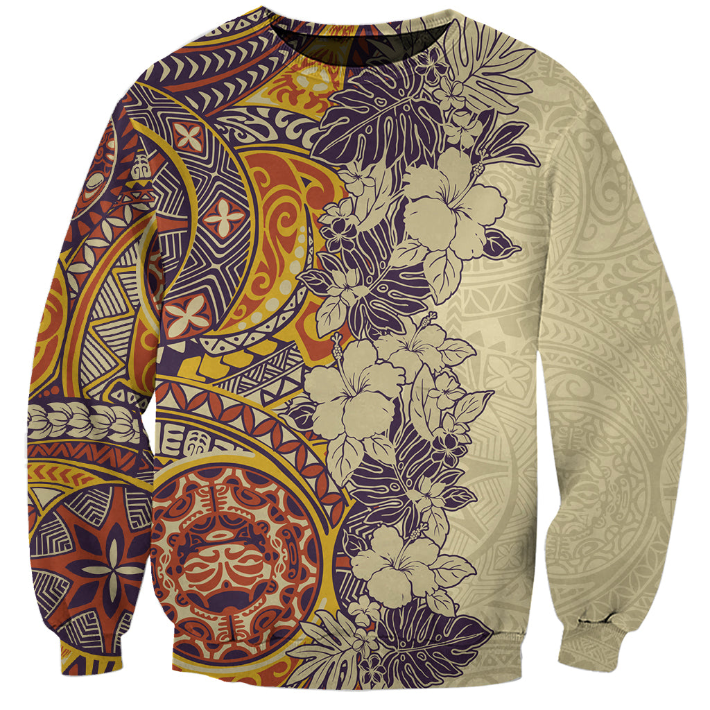 Polynesia Sweatshirt Hibiscus and Hawaiian Tribal Tattoo Retro Style Tan Color LT9 Unisex Tan - Polynesian Pride