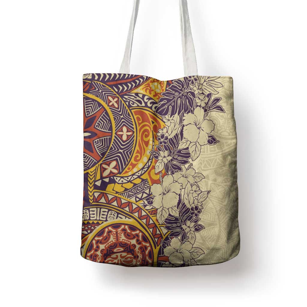Polynesia Tote Bag Hibiscus Hawaiian Tribal Tattoo Retro Tan - Polynesian Pride