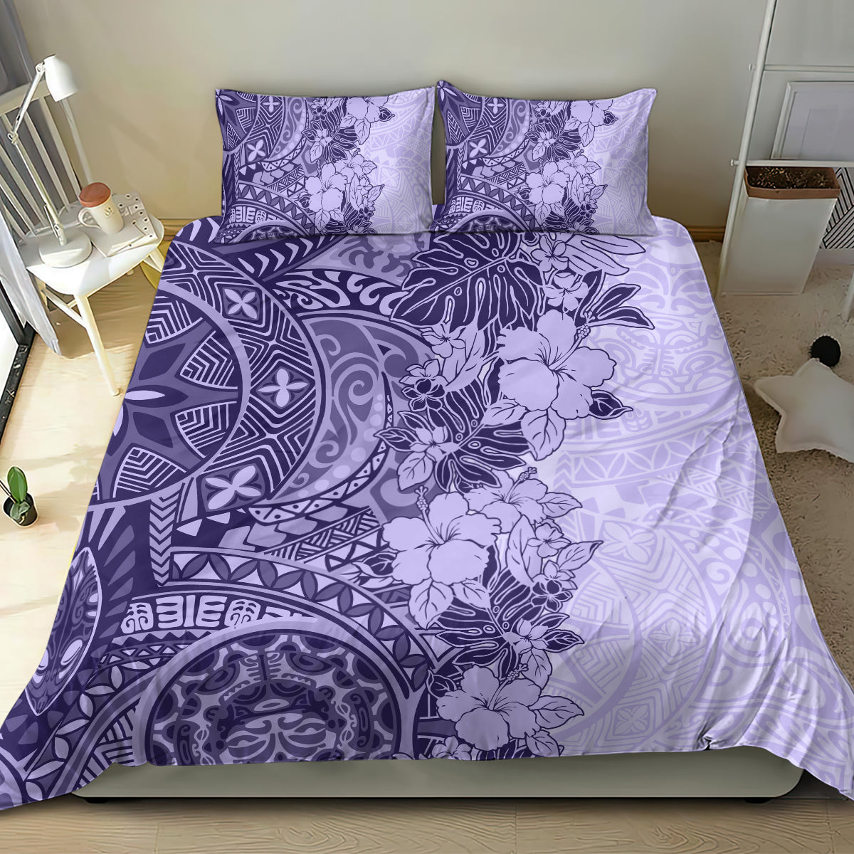 Polynesia Bedding Set Hibiscus and Hawaiian Tribal Tattoo Retro Style Violet Color LT9 - Polynesian Pride