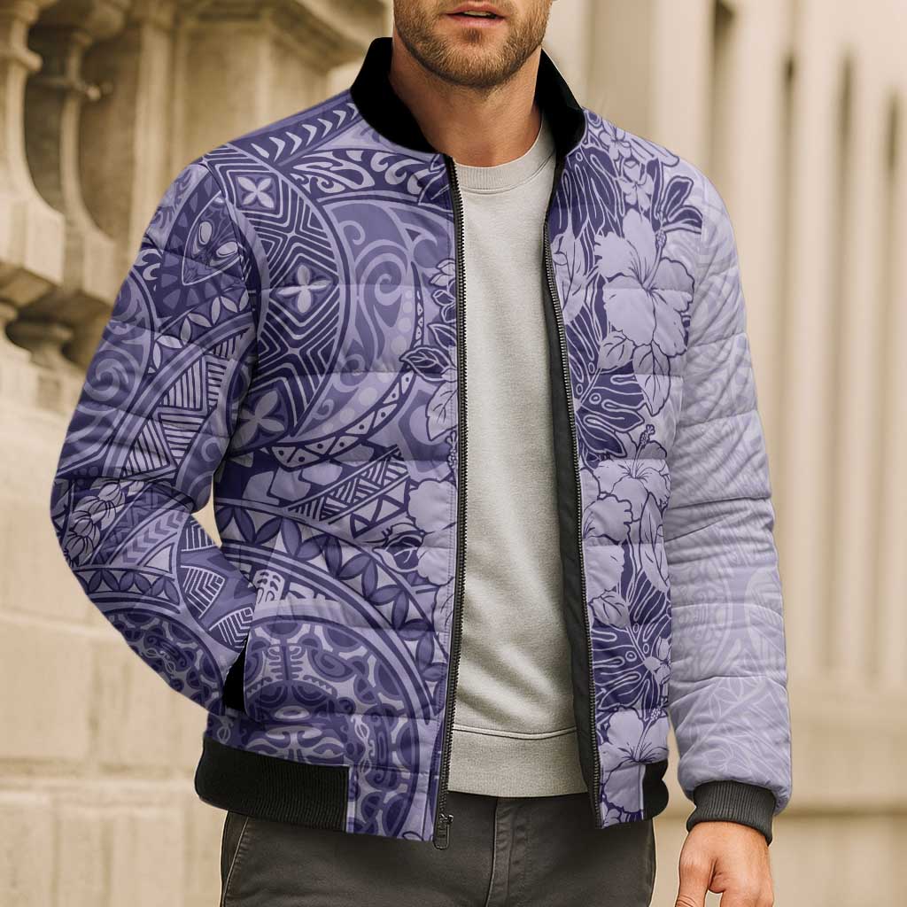 Polynesia Bomber Puffer Jacket Hibiscus Hawaiian Tribal Tattoo Retro Violet - Polynesian Pride
