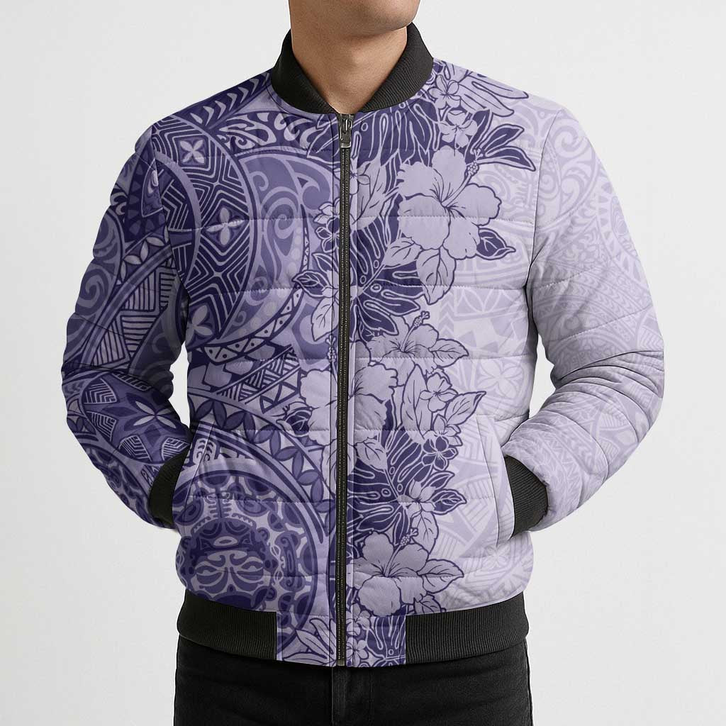 Polynesia Bomber Puffer Jacket Hibiscus Hawaiian Tribal Tattoo Retro Violet - Polynesian Pride