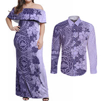 Polynesia Couples Matching Off Shoulder Maxi Dress and Long Sleeve Button Shirt Hibiscus and Hawaiian Tribal Tattoo Retro Style Violet Color LT9 Violet - Polynesian Pride
