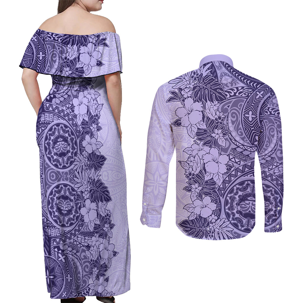 Polynesia Couples Matching Off Shoulder Maxi Dress and Long Sleeve Button Shirt Hibiscus and Hawaiian Tribal Tattoo Retro Style Violet Color LT9 - Polynesian Pride