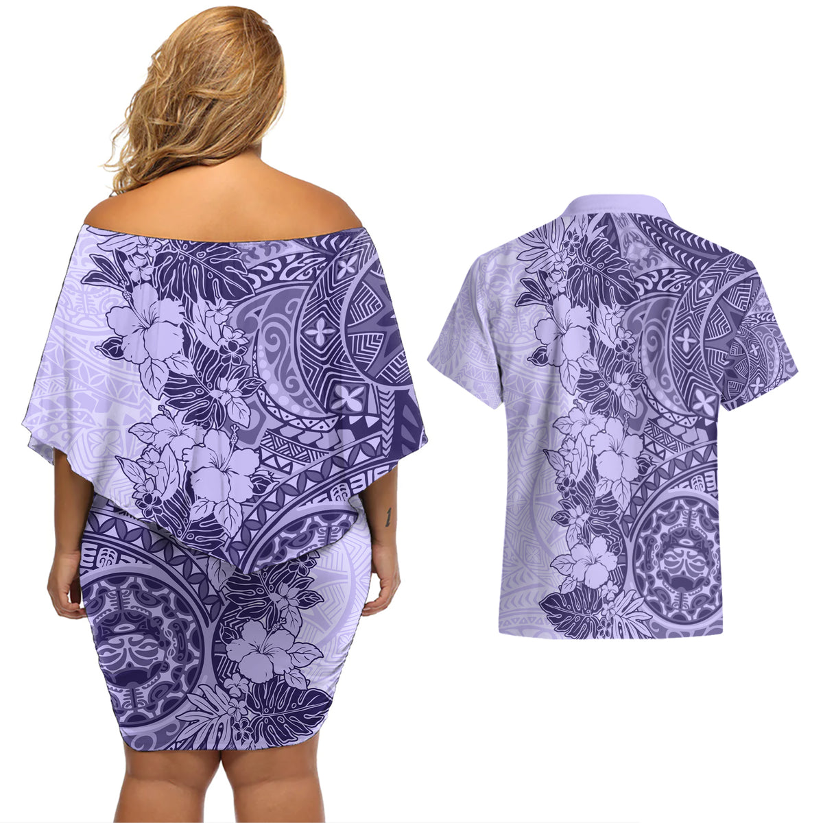 Polynesia Couples Matching Off Shoulder Short Dress and Hawaiian Shirt Hibiscus and Hawaiian Tribal Tattoo Retro Style Violet Color LT9 - Polynesian Pride
