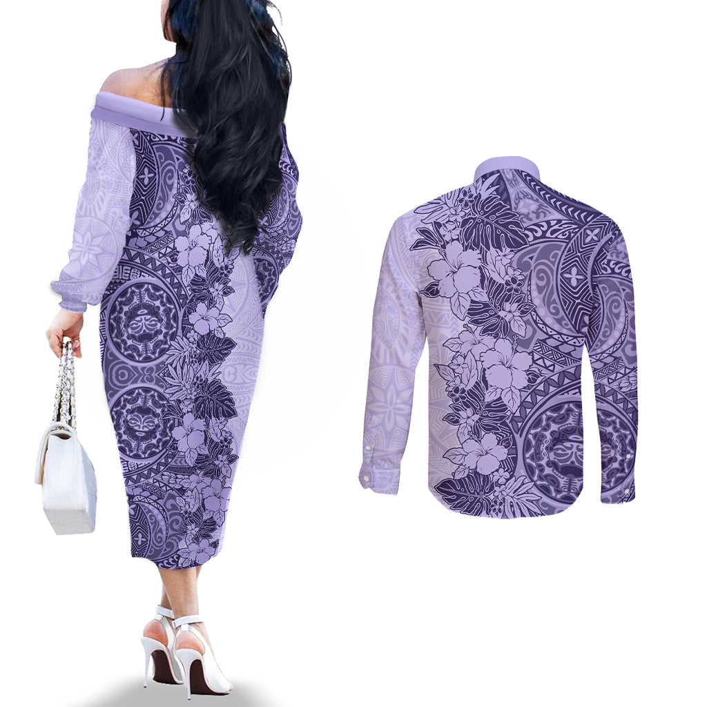 Polynesia Couples Matching Off The Shoulder Long Sleeve Dress and Long Sleeve Button Shirt Hibiscus and Hawaiian Tribal Tattoo Retro Style Violet Color LT9 - Polynesian Pride