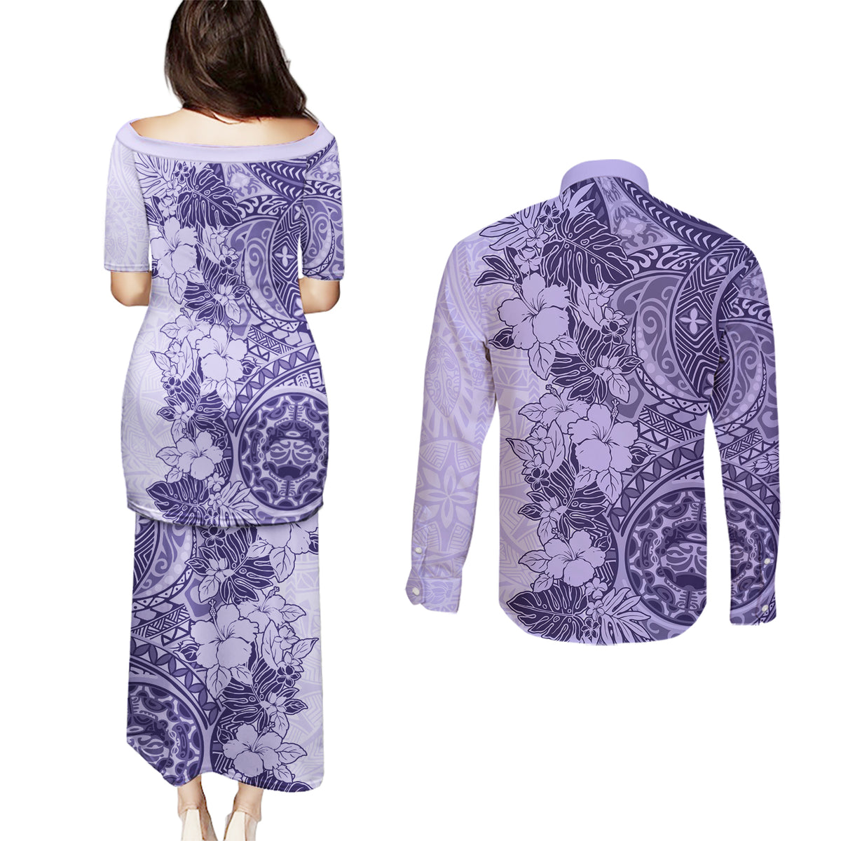 Polynesia Couples Matching Puletasi Dress and Long Sleeve Button Shirt Hibiscus and Hawaiian Tribal Tattoo Retro Style Violet Color LT9 - Polynesian Pride