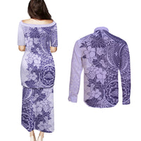 Polynesia Couples Matching Puletasi Dress and Long Sleeve Button Shirt Hibiscus and Hawaiian Tribal Tattoo Retro Style Violet Color LT9 - Polynesian Pride