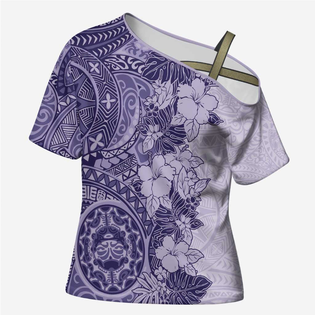 Polynesia Cross Shoulder Shirt Hibiscus Hawaiian Tribal Tattoo Retro Violet LT9 Female Violet - Polynesian Pride