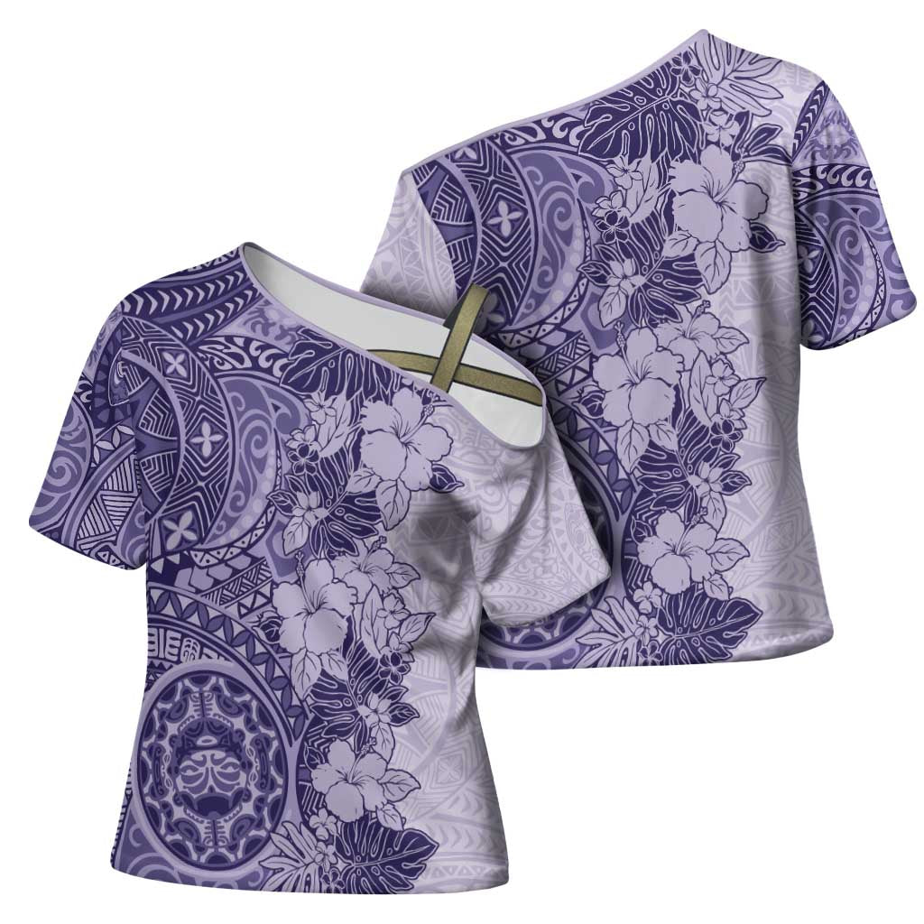 Polynesia Cross Shoulder Shirt Hibiscus Hawaiian Tribal Tattoo Retro Violet - Polynesian Pride