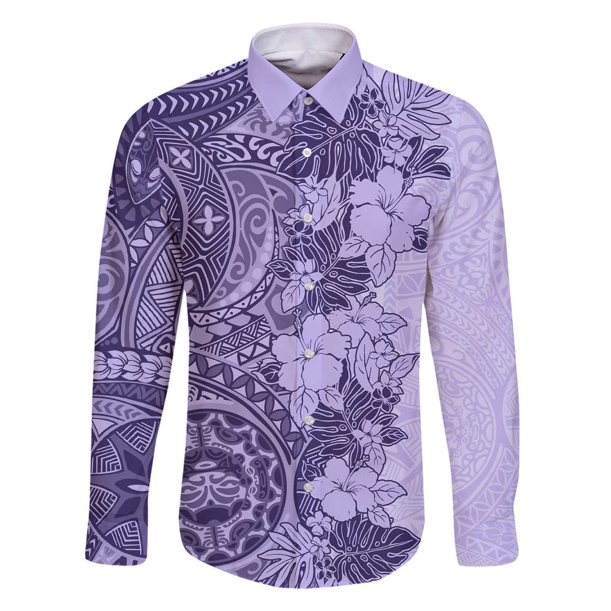 Polynesia Family Matching Off Shoulder Short Dress and Hawaiian Shirt Hibiscus and Hawaiian Tribal Tattoo Retro Style Violet Color LT9 Dad's Shirt - Long Sleeve Violet - Polynesian Pride