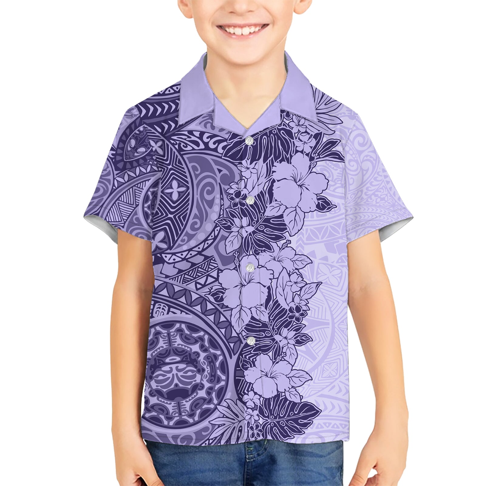 Polynesia Kid Hawaiian Shirt Hibiscus and Hawaiian Tribal Tattoo Retro Style Violet Color LT9 Kid Violet - Polynesian Pride