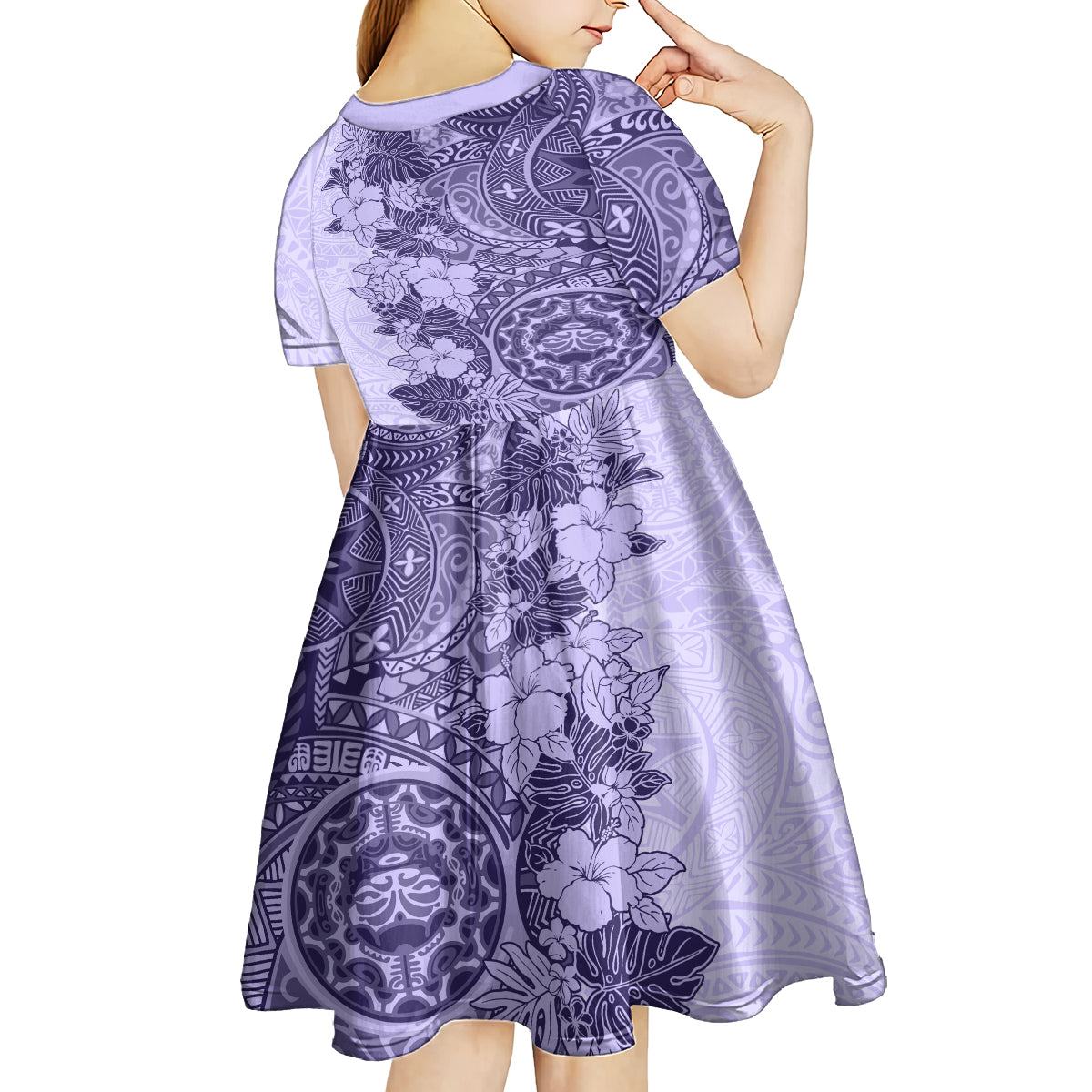 Polynesia Kid Short Sleeve Dress Hibiscus and Hawaiian Tribal Tattoo Retro Style Violet Color LT9 - Polynesian Pride