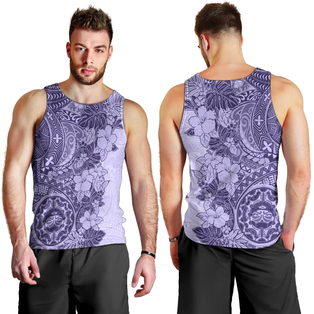 Polynesia Men Tank Top Hibiscus and Hawaiian Tribal Tattoo Retro Style Violet Color LT9 - Polynesian Pride