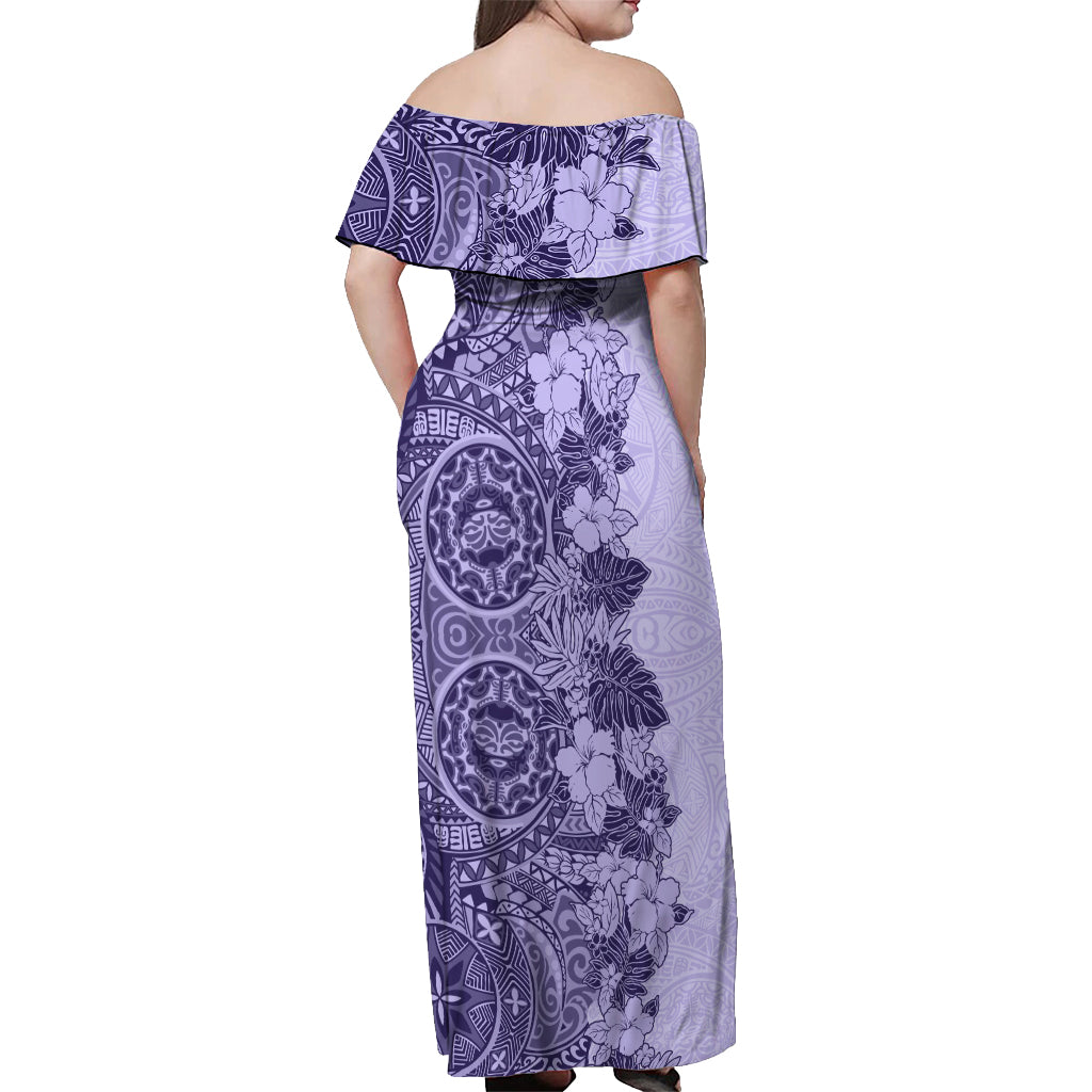 Polynesia Off Shoulder Maxi Dress Hibiscus and Hawaiian Tribal Tattoo Retro Style Violet Color LT9 - Polynesian Pride