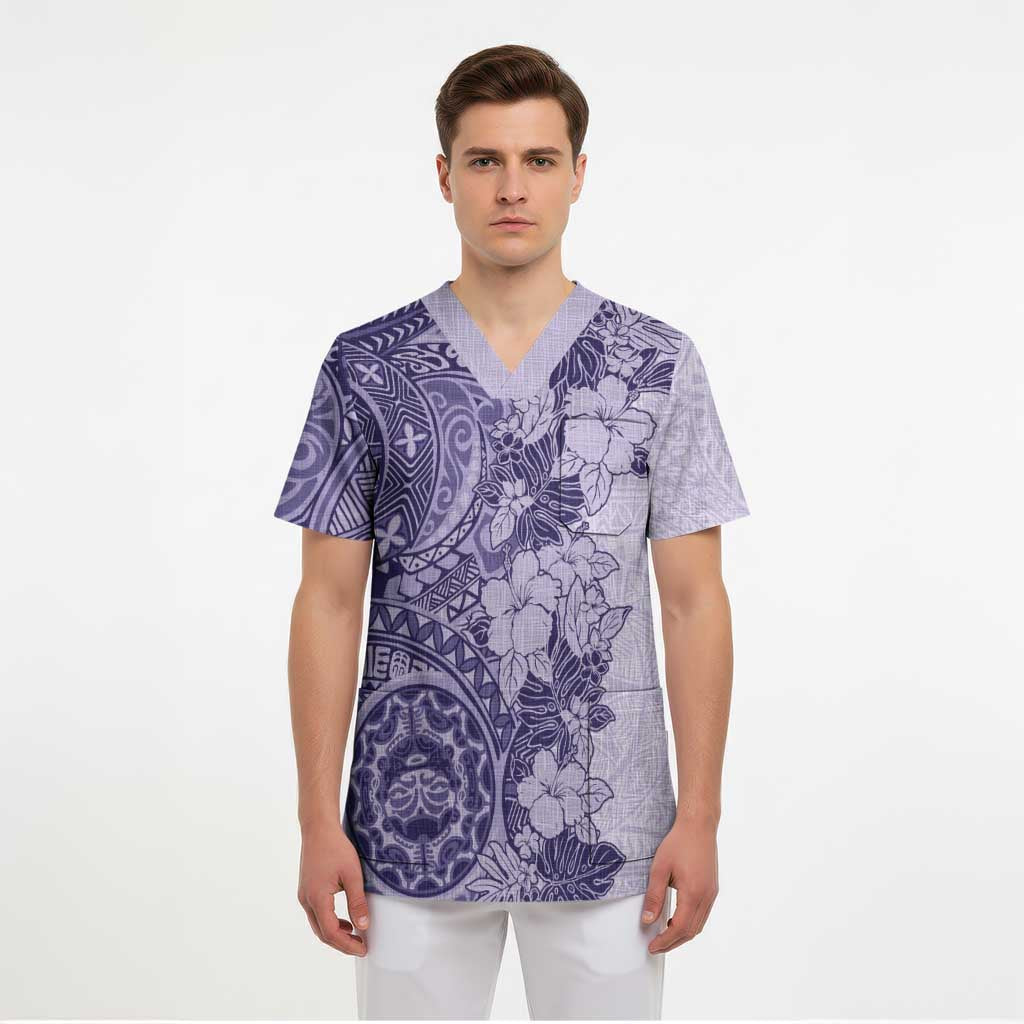 Polynesia Scrub Top Hibiscus Hawaiian Tribal Tattoo Retro Violet - Polynesian Pride