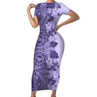 Polynesia Short Sleeve Bodycon Dress Hibiscus and Hawaiian Tribal Tattoo Retro Style Violet Color LT9 Long Dress Violet - Polynesian Pride
