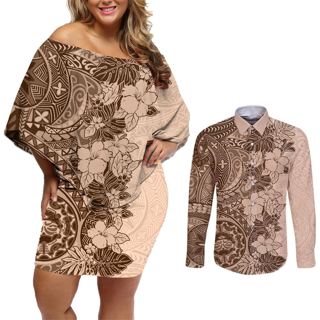 Polynesia Couples Matching Off Shoulder Short Dress and Long Sleeve Button Shirt Hibiscus and Hawaiian Tribal Tattoo Retro Style Pink Pastel LT9 Pink Pastel - Polynesian Pride