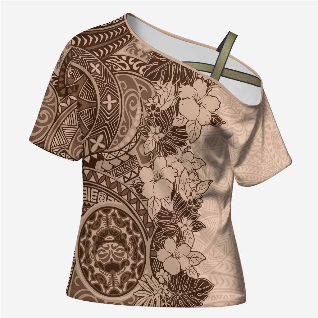 Polynesia Cross Shoulder Shirt Hibiscus Hawaiian Tribal Tattoo Retro Pink Pastel LT9 Female Pink Pastel - Polynesian Pride