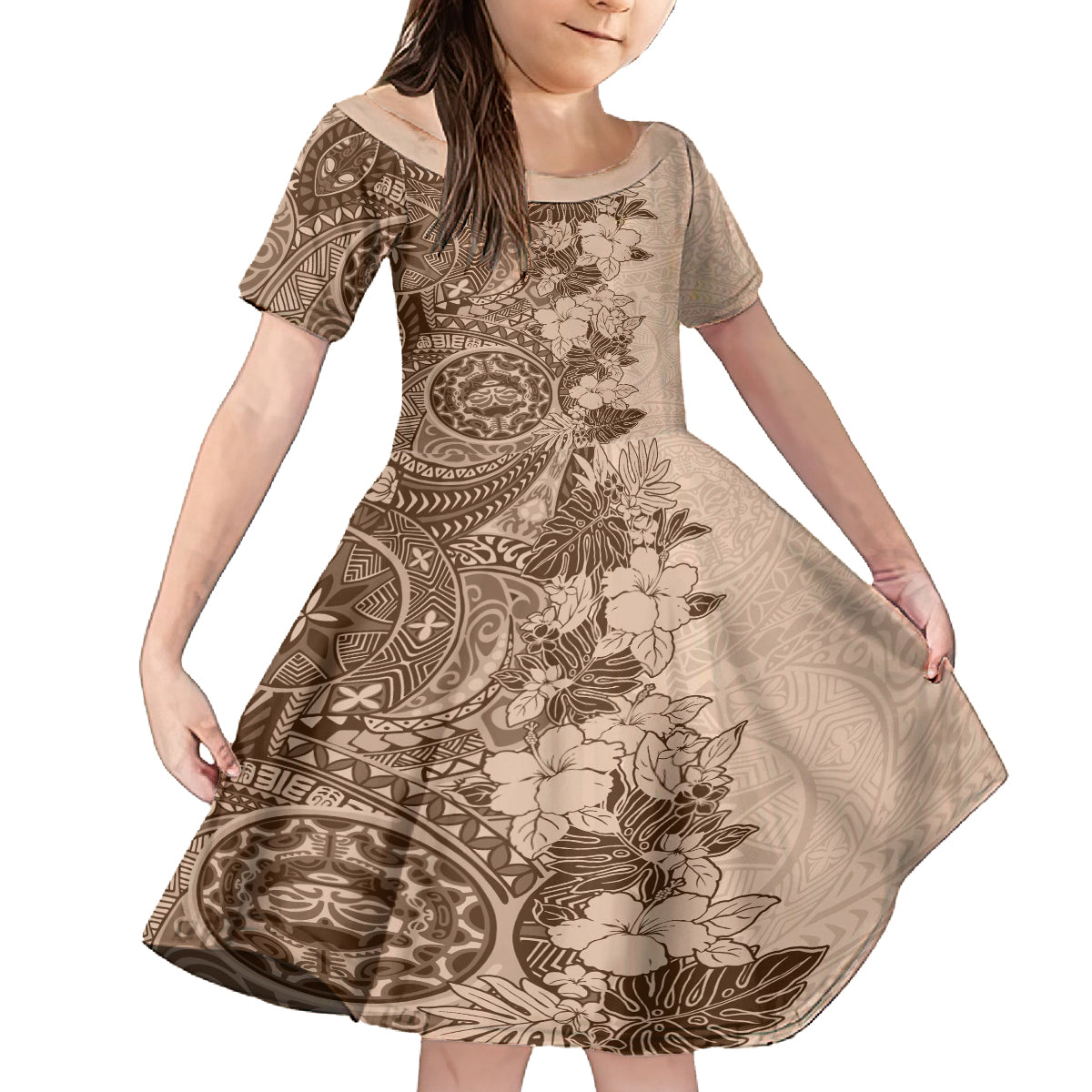 Polynesia Kid Short Sleeve Dress Hibiscus and Hawaiian Tribal Tattoo Retro Style Pink Pastel LT9 KID Pink Pastel - Polynesian Pride