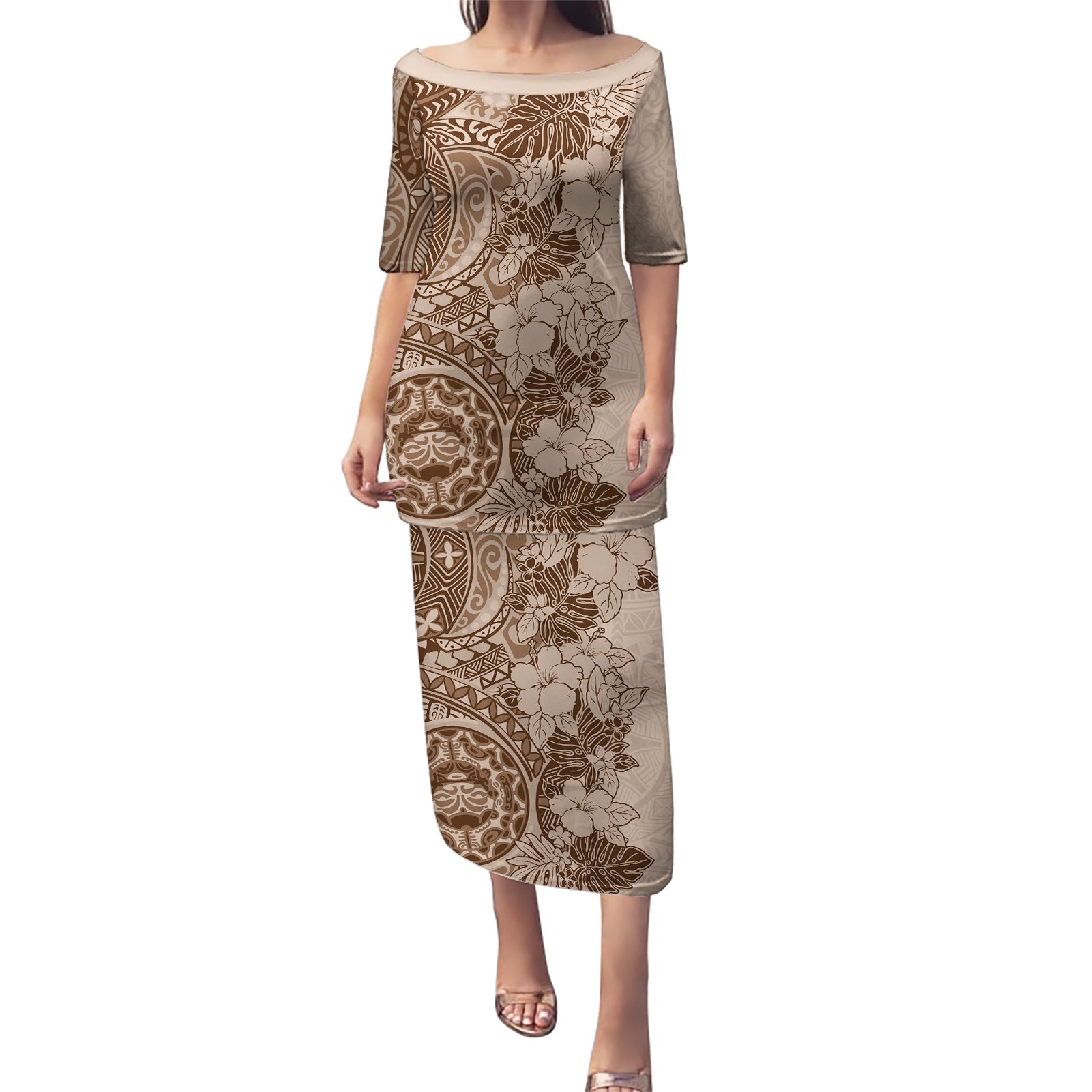 Polynesia Puletasi Hibiscus and Hawaiian Tribal Tattoo Retro Style Pink Pastel LT9 Long Dress Pink Pastel - Polynesian Pride