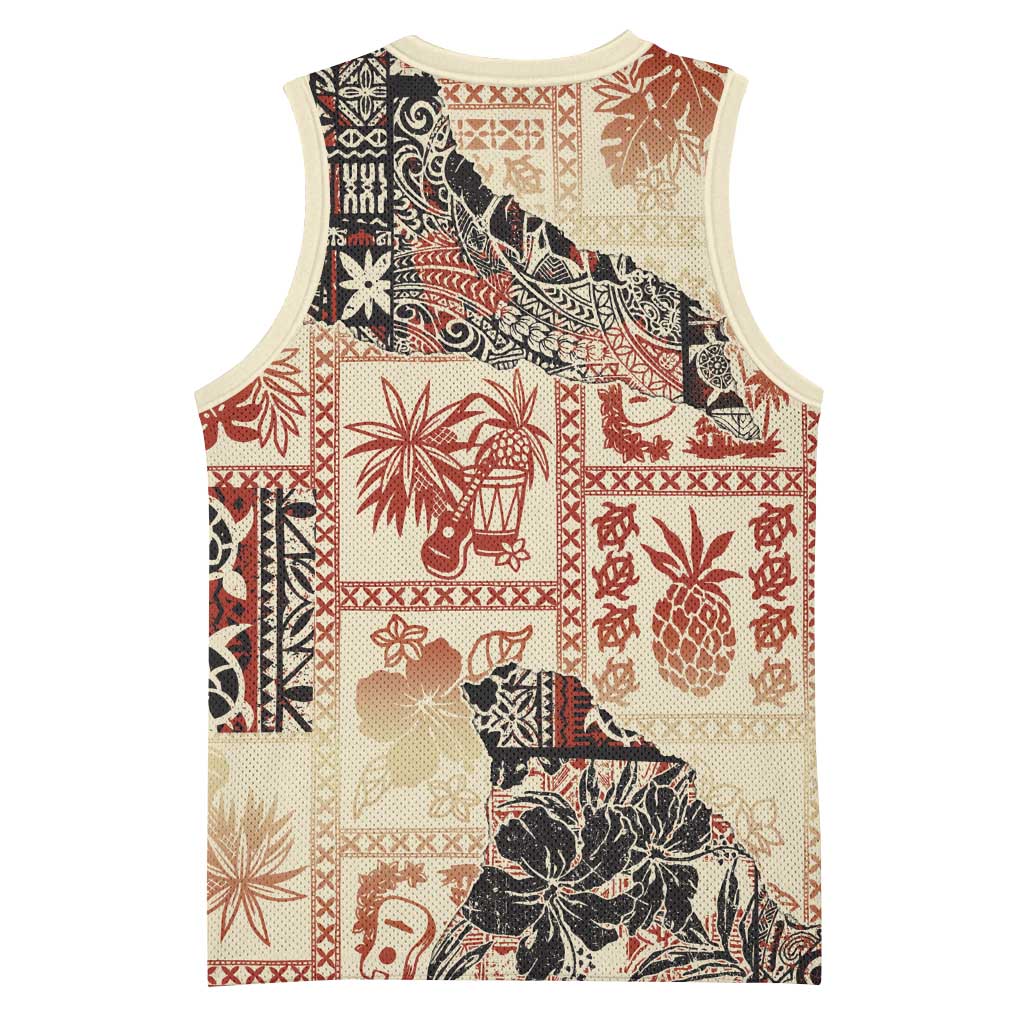 Hawaii Beige Version Basketball Jersey Aloha Tribal Pattern - Polynesian Pride