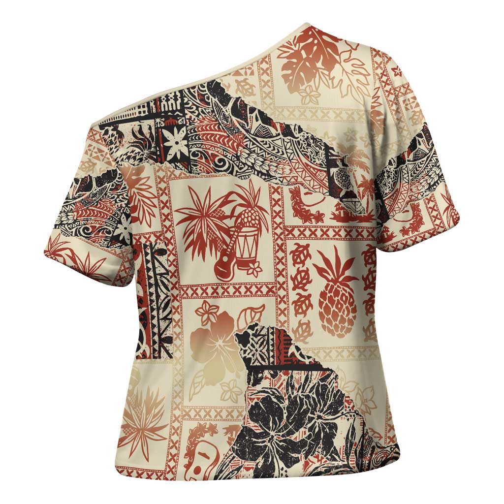 Hawaii Beige Version Cross Shoulder Shirt Aloha Tribal Pattern - Polynesian Pride