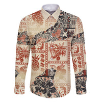 Hawaii Family Matching Puletasi Dress and Hawaiian Shirt Aloha Tribal Pattern Beige Version LT9 Dad's Shirt - Long Sleeve Beige - Polynesian Pride