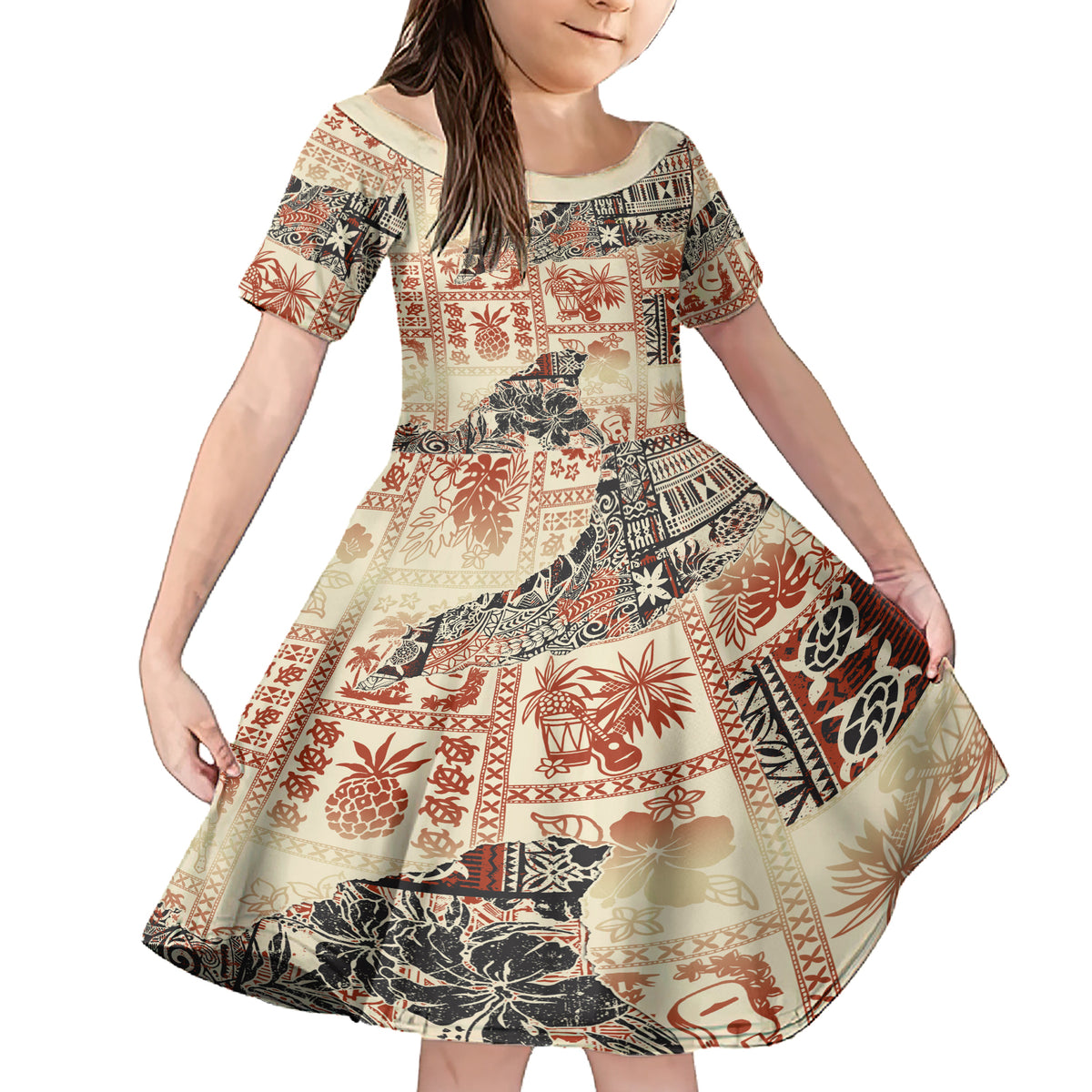 Hawaii Family Matching Short Sleeve Bodycon Dress and Hawaiian Shirt Aloha Tribal Pattern Beige Version LT9 Daughter's Dress Beige - Polynesian Pride