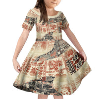 Hawaii Family Matching Short Sleeve Bodycon Dress and Hawaiian Shirt Aloha Tribal Pattern Beige Version LT9 Daughter's Dress Beige - Polynesian Pride