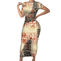 Hawaii Family Matching Short Sleeve Bodycon Dress and Hawaiian Shirt Aloha Tribal Pattern Beige Version LT9 Mom's Dress Beige - Polynesian Pride