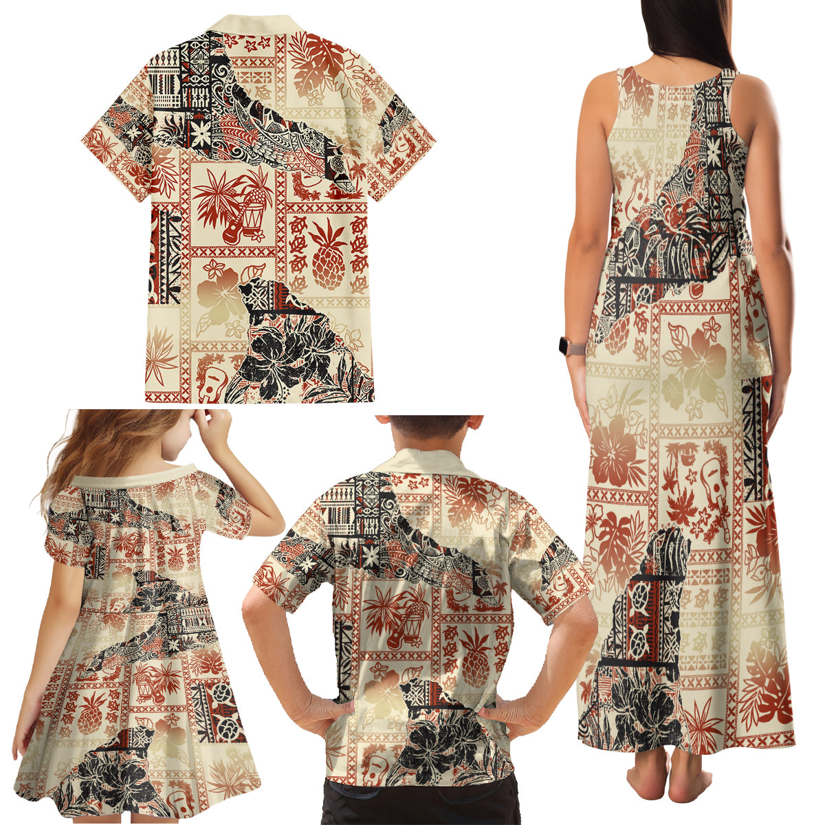 Hawaii Family Matching Tank Maxi Dress and Hawaiian Shirt Aloha Tribal Pattern Beige Version LT9 - Polynesian Pride