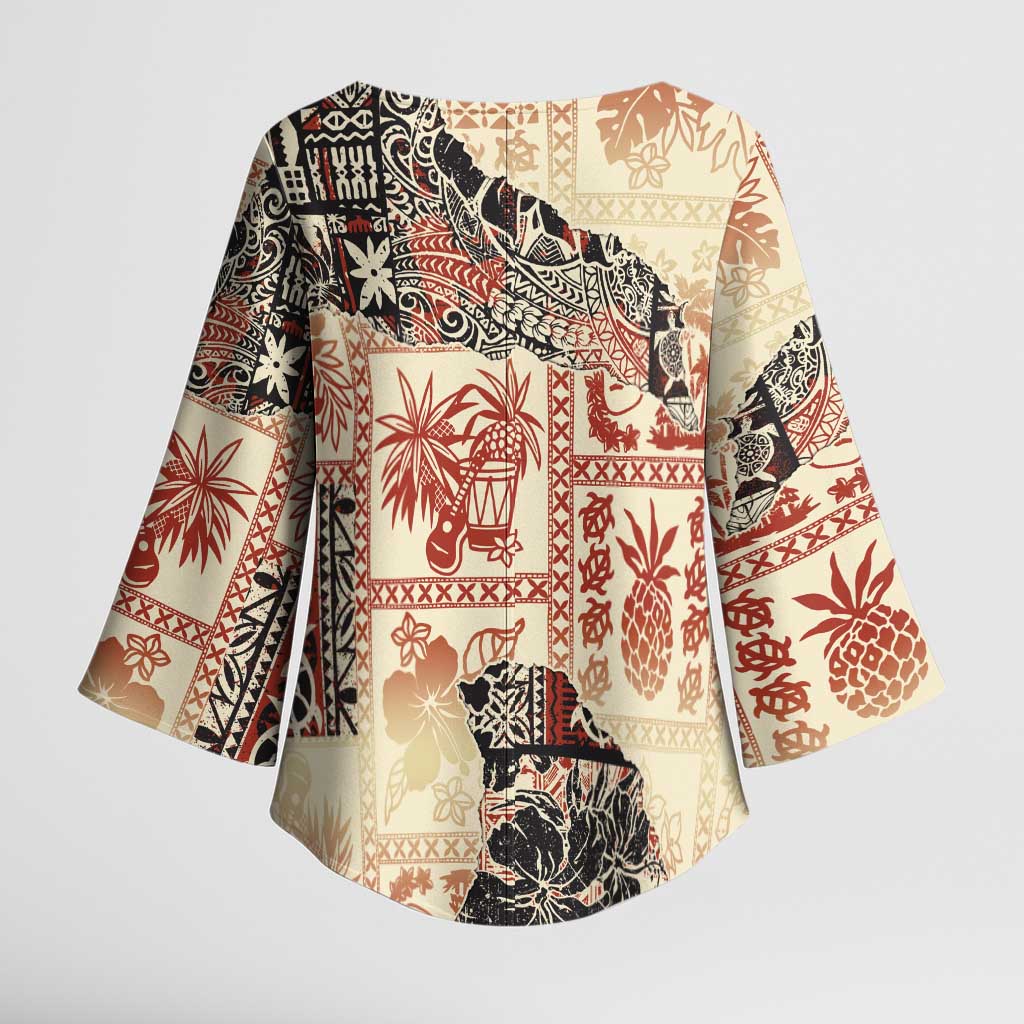 Hawaii Beige Version Kimono Sleeve Blouse Aloha Tribal Pattern - Polynesian Pride