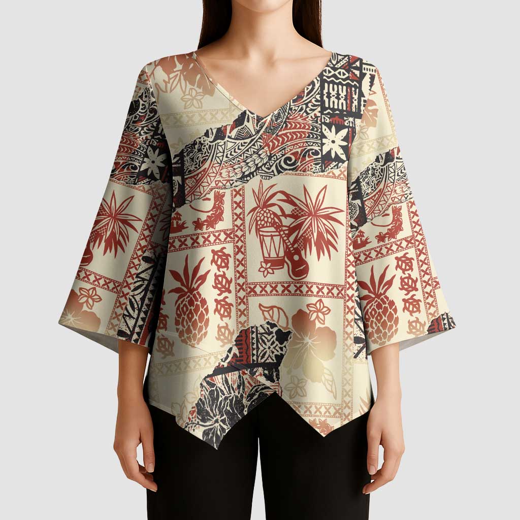 Hawaii Beige Version Kimono Sleeve Blouse Aloha Tribal Pattern - Polynesian Pride