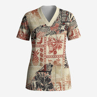 Hawaii Beige Version Scrub Top Aloha Tribal Pattern - Polynesian Pride