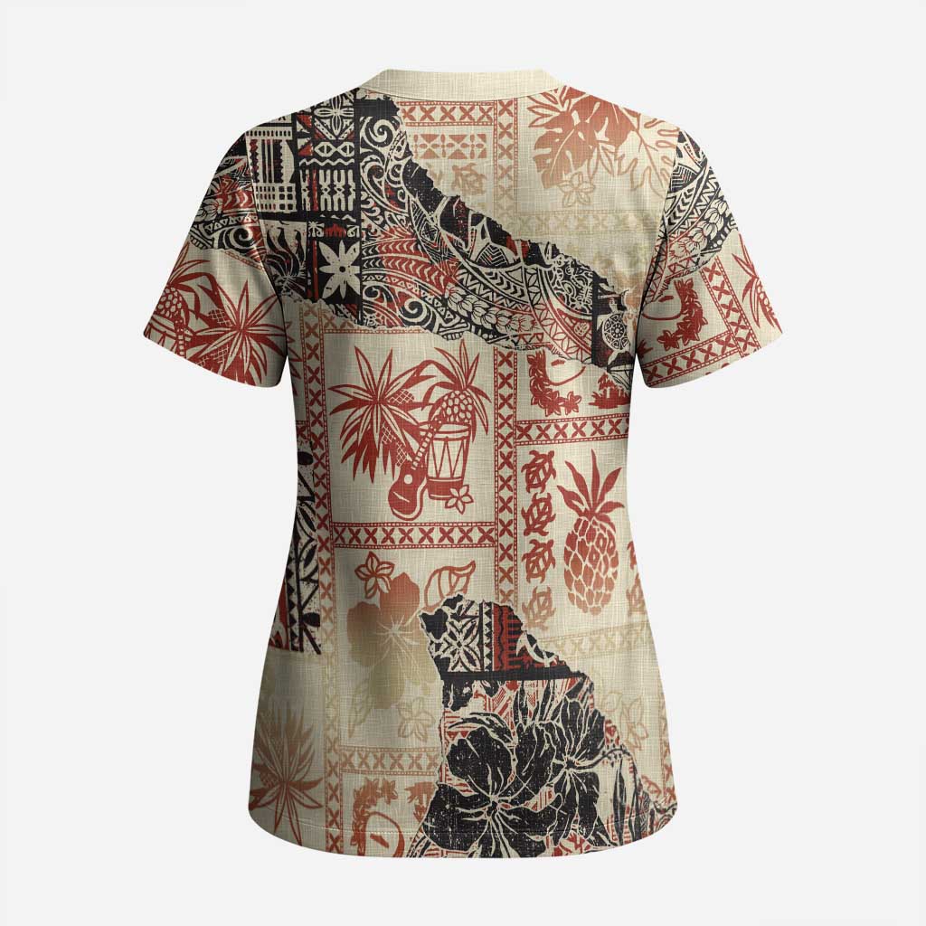 Hawaii Beige Version Scrub Top Aloha Tribal Pattern - Polynesian Pride