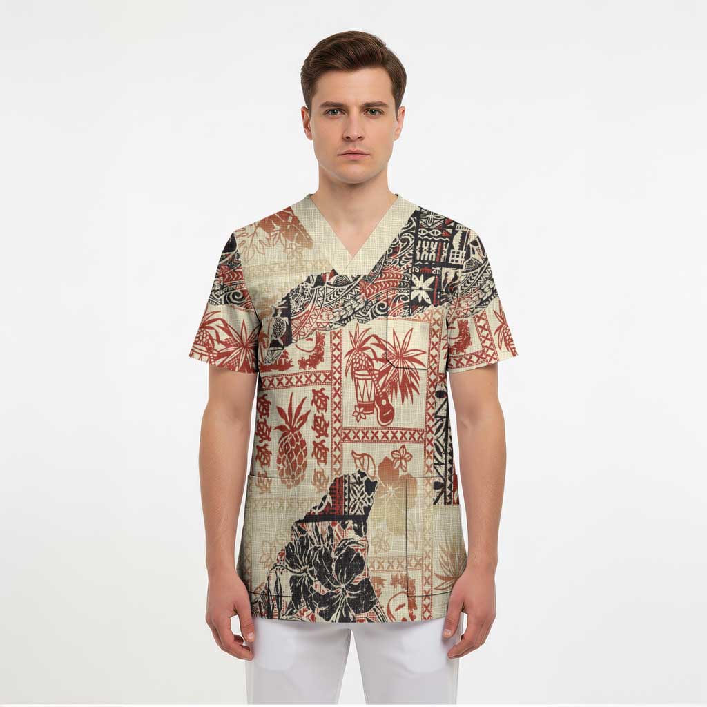 Hawaii Beige Version Scrub Top Aloha Tribal Pattern - Polynesian Pride