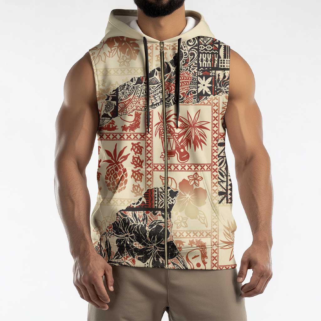 Hawaii Beige Version Sleeveless Zip Hoodie Aloha Tribal Pattern - Polynesian Pride