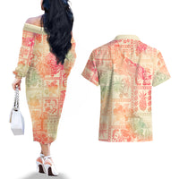 Hawaii Couples Matching Off The Shoulder Long Sleeve Dress and Hawaiian Shirt Aloha Tribal Pattern Sweat Pink Ombre LT9 - Polynesian Pride