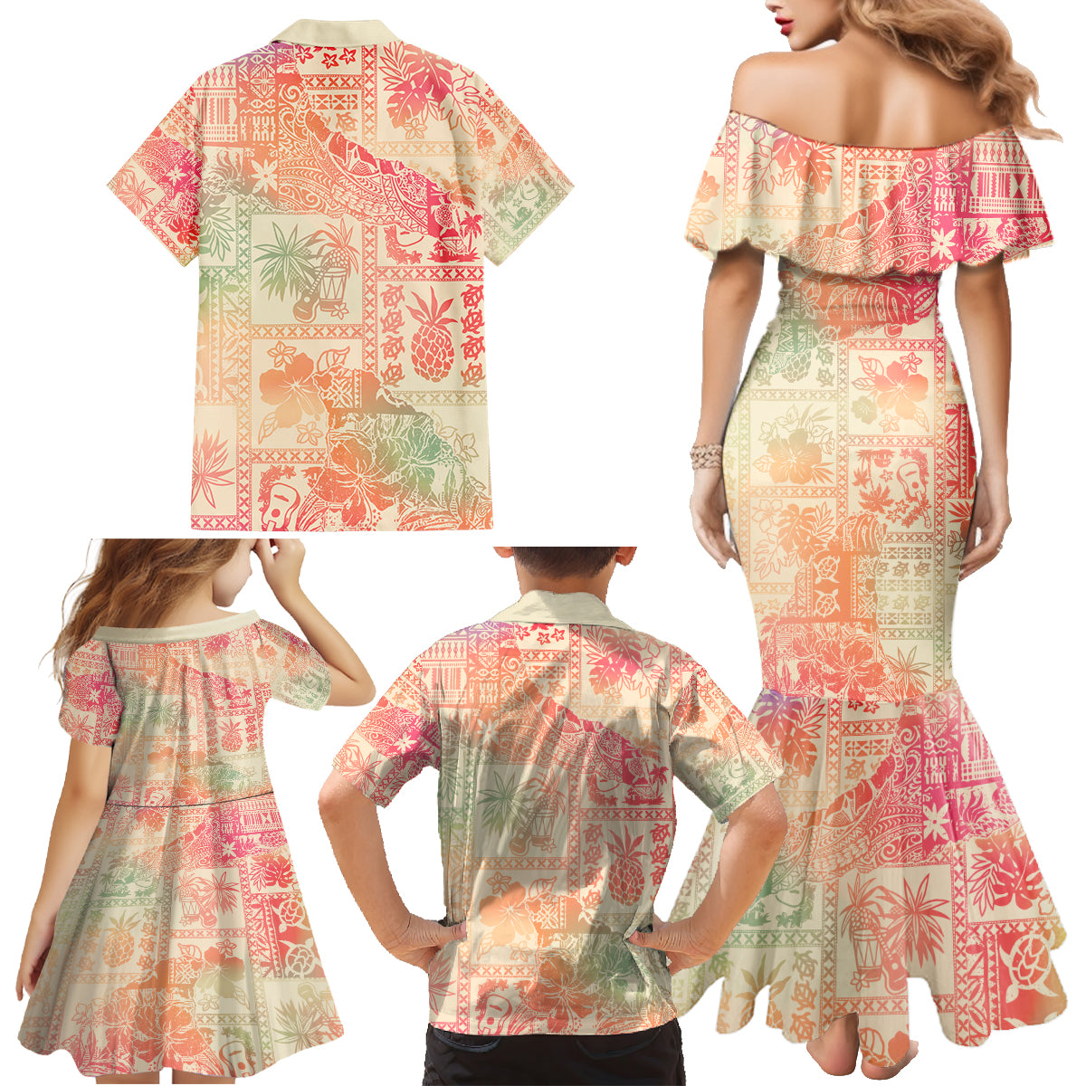 Hawaii Family Matching Mermaid Dress and Hawaiian Shirt Aloha Tribal Pattern Sweat Pink Ombre LT9 - Polynesian Pride