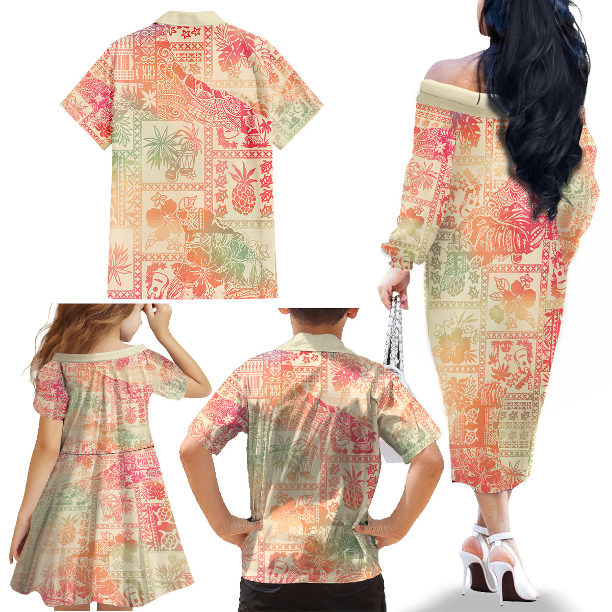 Hawaii Family Matching Off Shoulder Long Sleeve Dress and Hawaiian Shirt Aloha Tribal Pattern Sweat Pink Ombre LT9 - Polynesian Pride