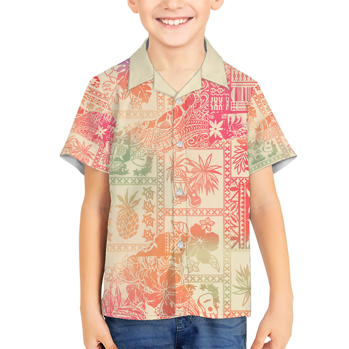 Hawaii Family Matching Short Sleeve Bodycon Dress and Hawaiian Shirt Aloha Tribal Pattern Sweat Pink Ombre LT9 Son's Shirt Pink - Polynesian Pride